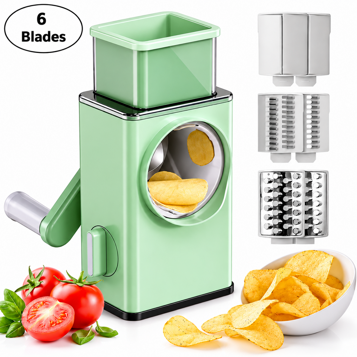 Nexora PrepMate vegetable chopper showing six interchangeable blades