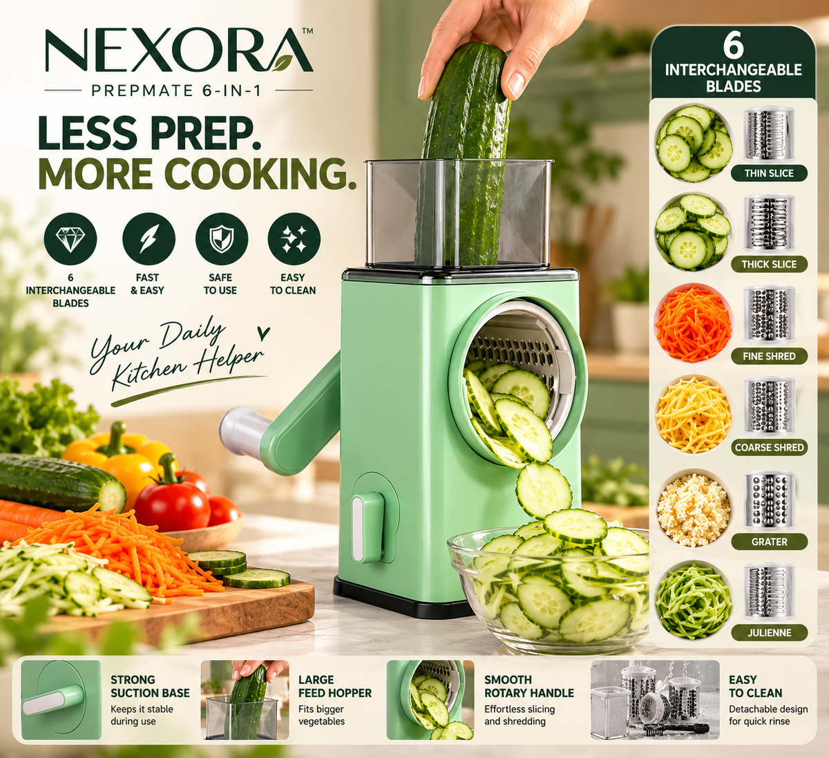 Nexora PrepMate cucumber preparation and six blade feature graphic