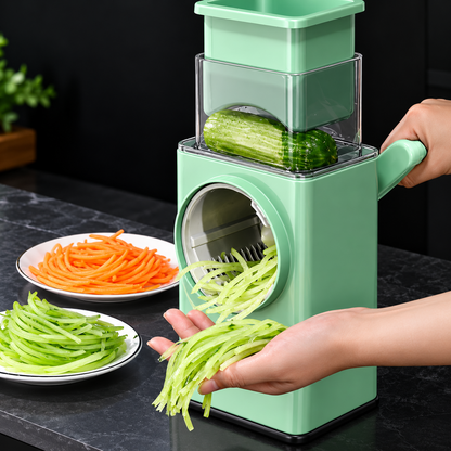 Nexora PrepMate mint-green manual rotary vegetable chopper preparing cucumber strips with side handle and transparent container