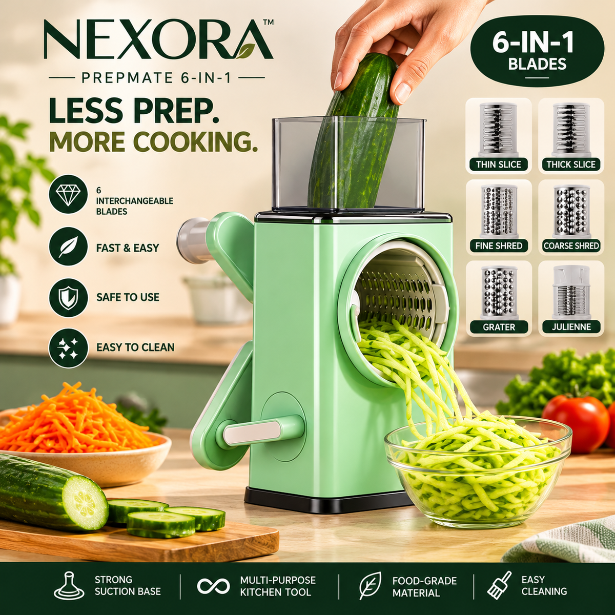 Nexora PrepMate six blade feature graphic with suction-lock lever