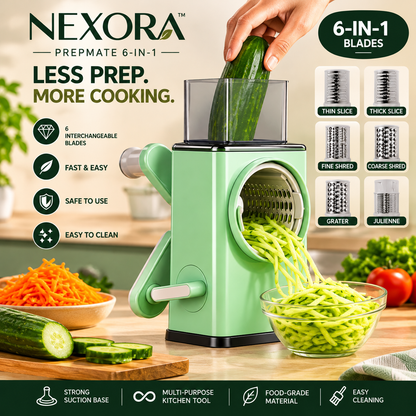 Nexora PrepMate six blade feature graphic with suction-lock lever