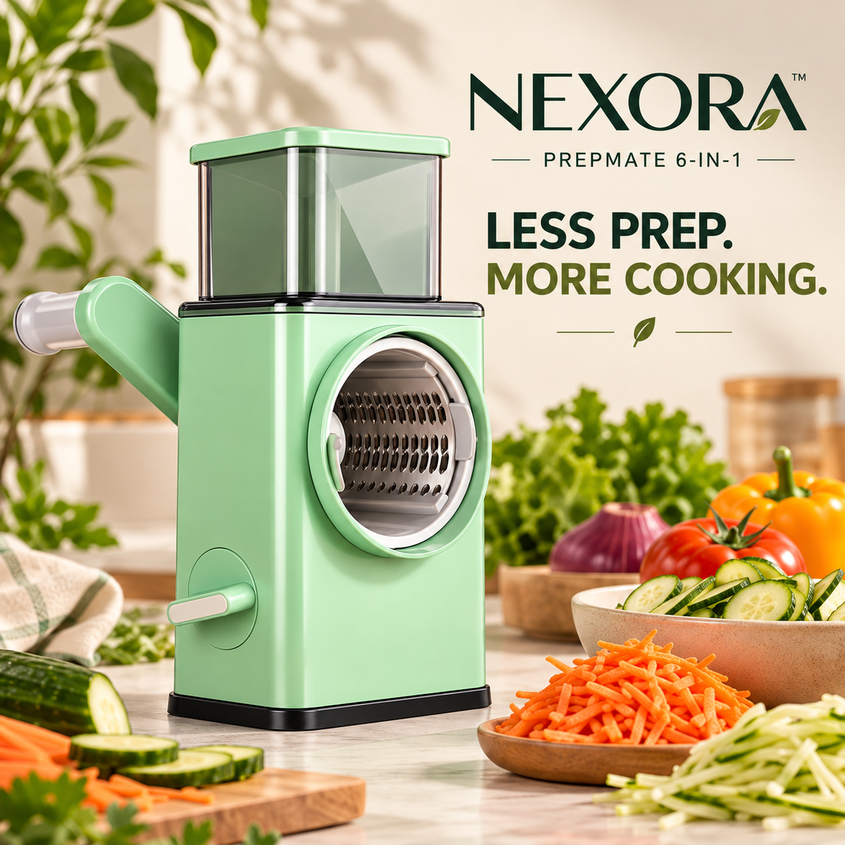 Nexora PrepMate 6-in-1 vegetable chopper showing the side suction-lock lever